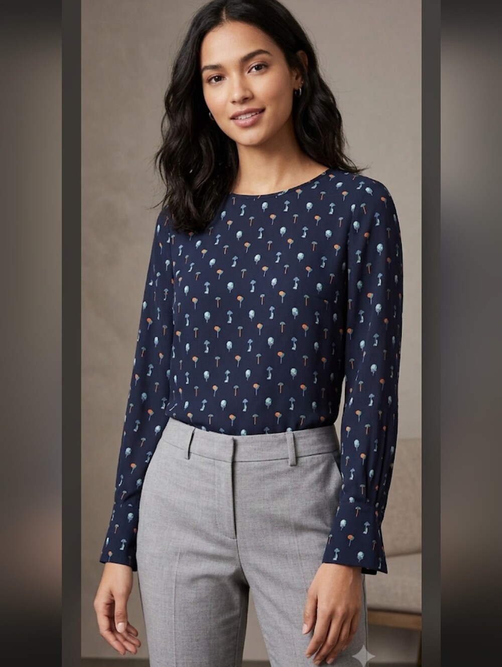 Ann Taylor Navy Long-Sleeve Blouse with Mini Floral Motif NWOT